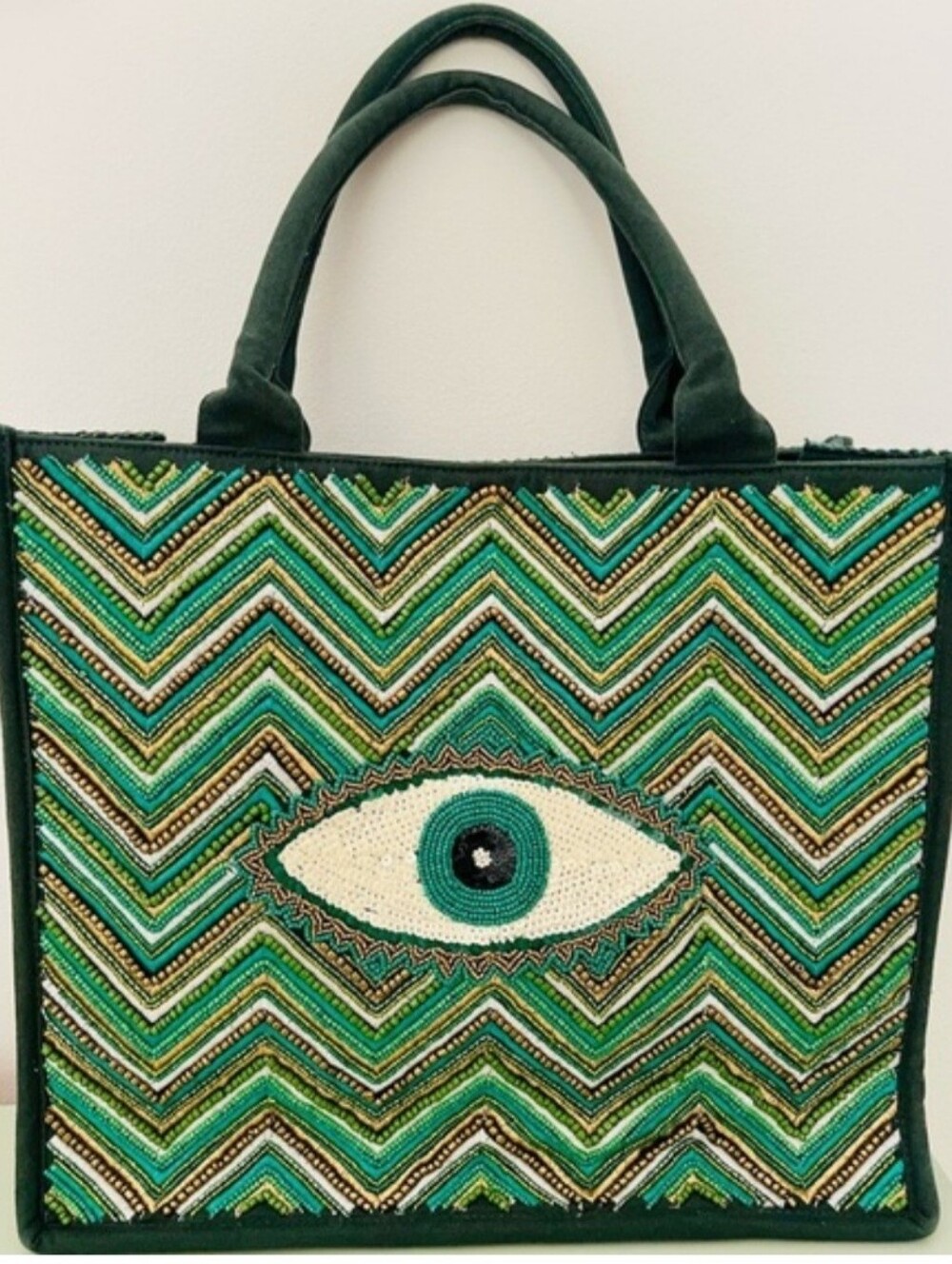 America And Beyond Large Green Beaded Eye Tote Bag NWT